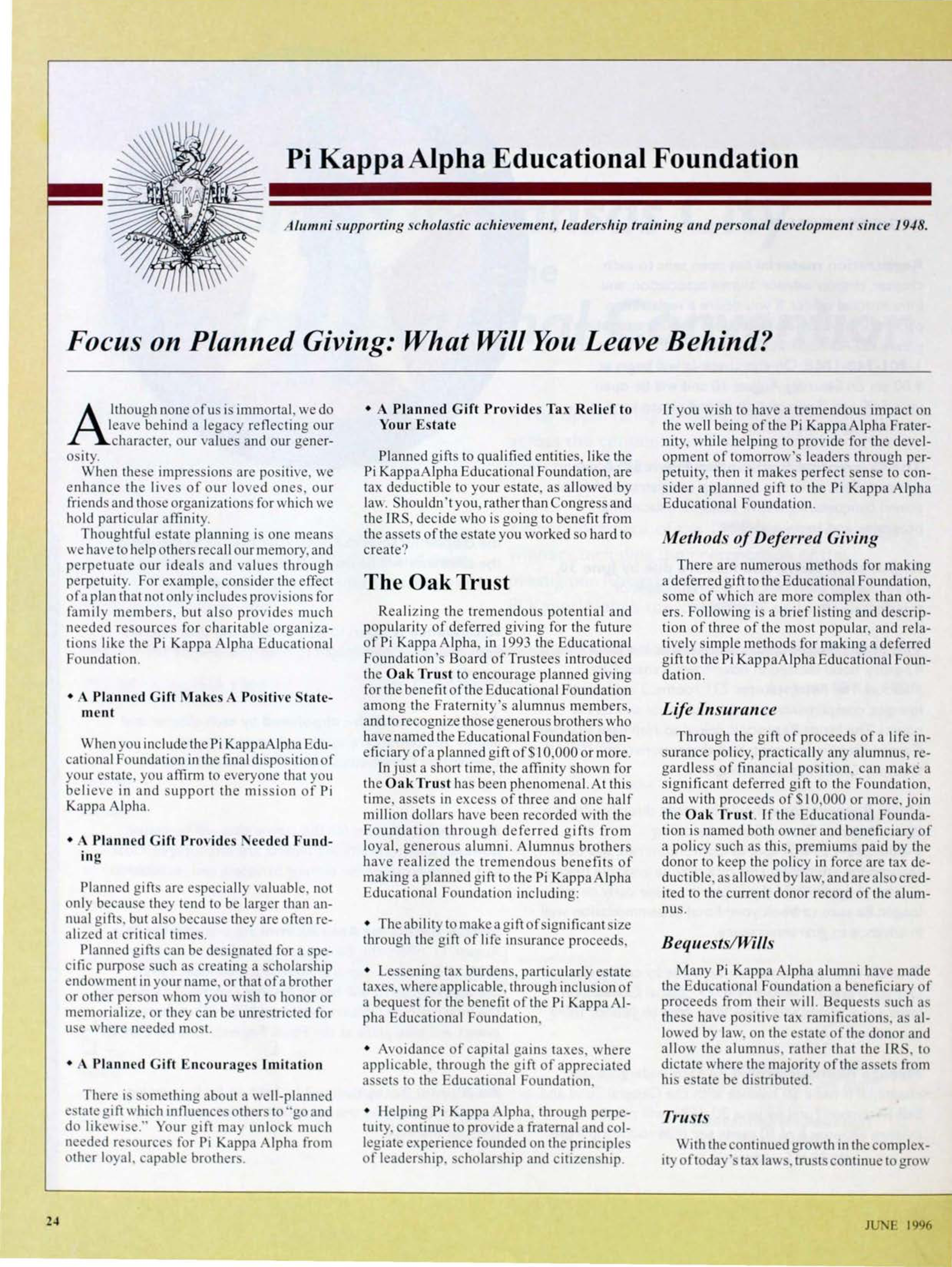 Pi Kappa Alpha Educational Foundation, June 1996